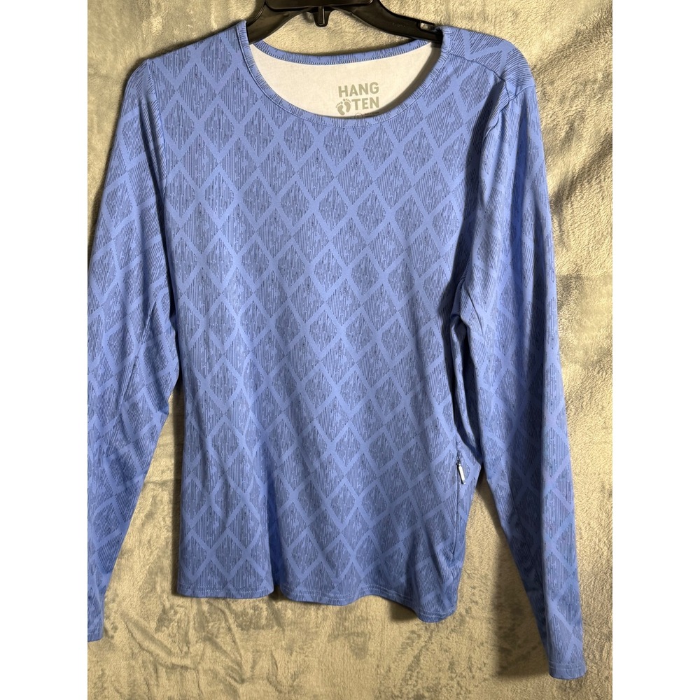 Hang Ten Women's Blue Diamond Pattern Long Sleeve Rash Guard Shirt Size L